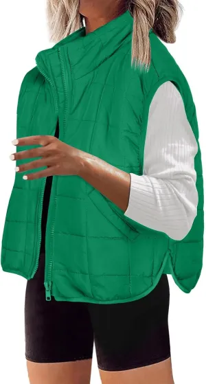 Quilted Vest Women Winter Stand Collar Cropped Quilted Down Gilet Jacket Oversized Zip Up Down Puffer Jacket Outerwear