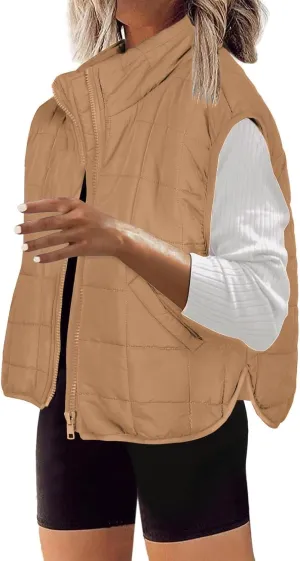 Quilted Vest Women Winter Stand Collar Cropped Quilted Down Gilet Jacket Oversized Zip Up Down Puffer Jacket Outerwear