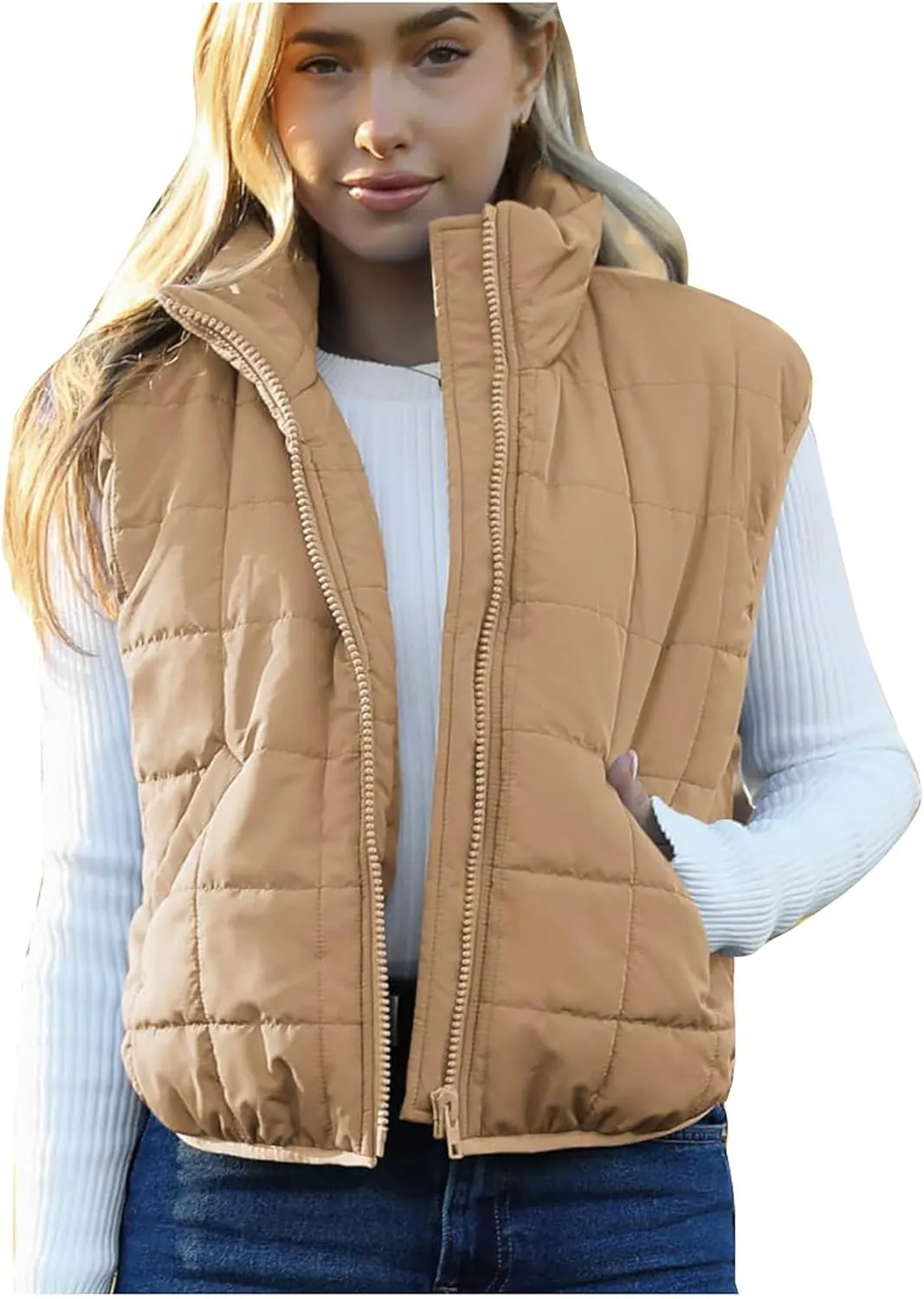 Quilted Vest Women Winter Stand Collar Cropped Quilted Down Gilet Jacket Oversized Zip Up Down Puffer Jacket Outerwear
