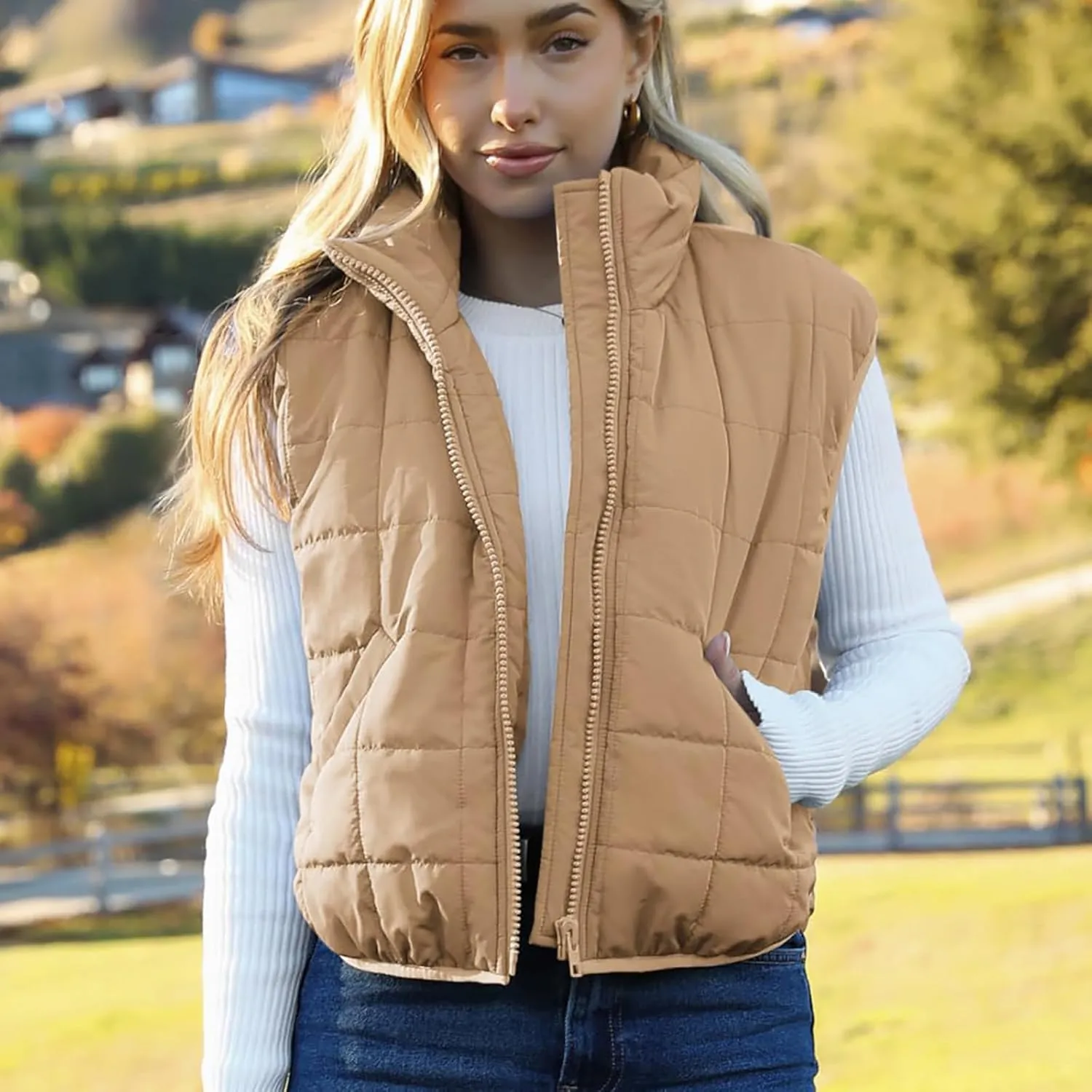 Quilted Vest Women Winter Stand Collar Cropped Quilted Down Gilet Jacket Oversized Zip Up Down Puffer Jacket Outerwear