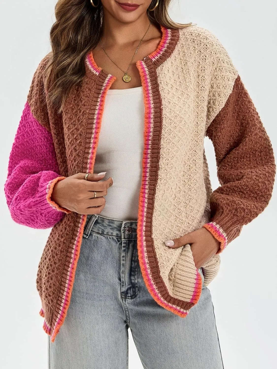 Saodimallsu Womens Color Block Cardigan Sweaters Open Front Chunky Knit Colorful Winter Sweater Coats