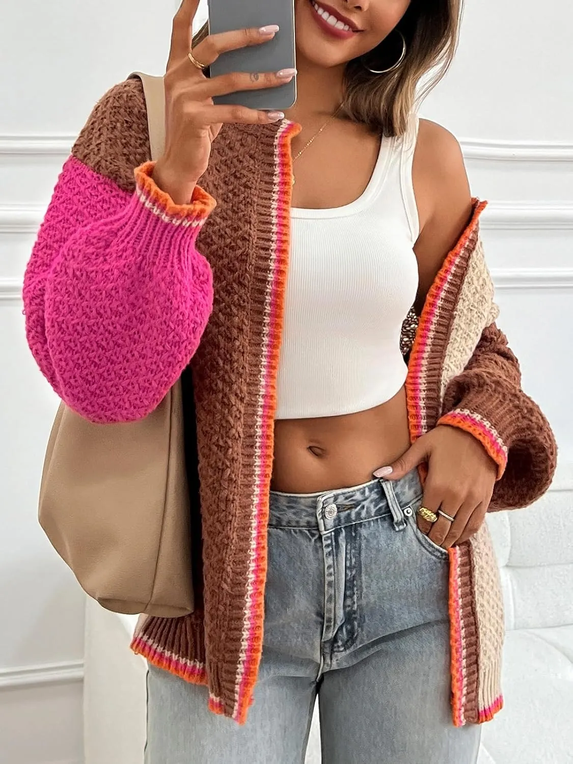 Saodimallsu Womens Color Block Cardigan Sweaters Open Front Chunky Knit Colorful Winter Sweater Coats