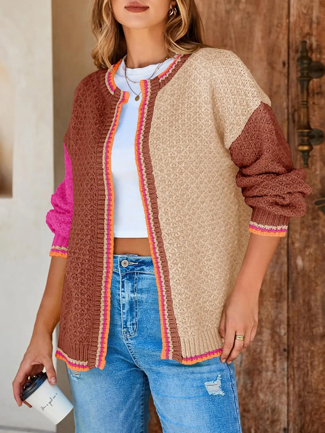 Saodimallsu Womens Color Block Cardigan Sweaters Open Front Chunky Knit Colorful Winter Sweater Coats