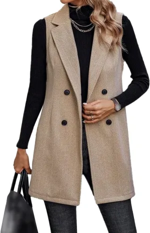 SEMATOMALA Wool Blend Long Vest for Women Sleeveless Tweed Blazer Jacket Longline Cardigan Outerwear