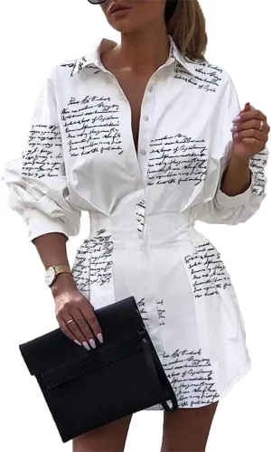 Sexy Mini Shirt Dress for Women - Casual Button Down Blouse Long Sleeve V Neck Belted Shirts Blouse Top Short Dress