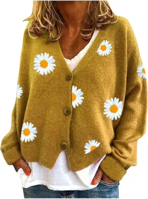 Stessotudo Womens Casual Daisy Print Cardigan Cable Knit Button Down Chunky Sweaters Long Sleeve Winter Cute Outerwear 2023