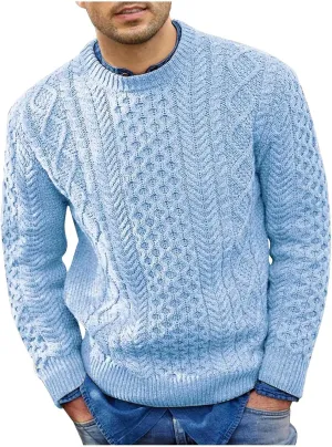 SUWBMHWE Mens Crewneck Pullover Sweater Chunky Cable Knit Sweater Classic Casual Sweaters Textured Sweater Tops