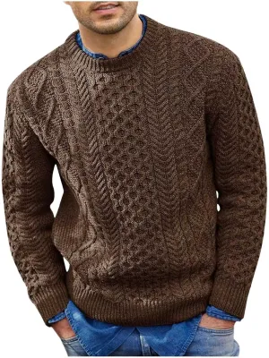 SUWBMHWE Mens Crewneck Pullover Sweater Chunky Cable Knit Sweater Classic Casual Sweaters Textured Sweater Tops