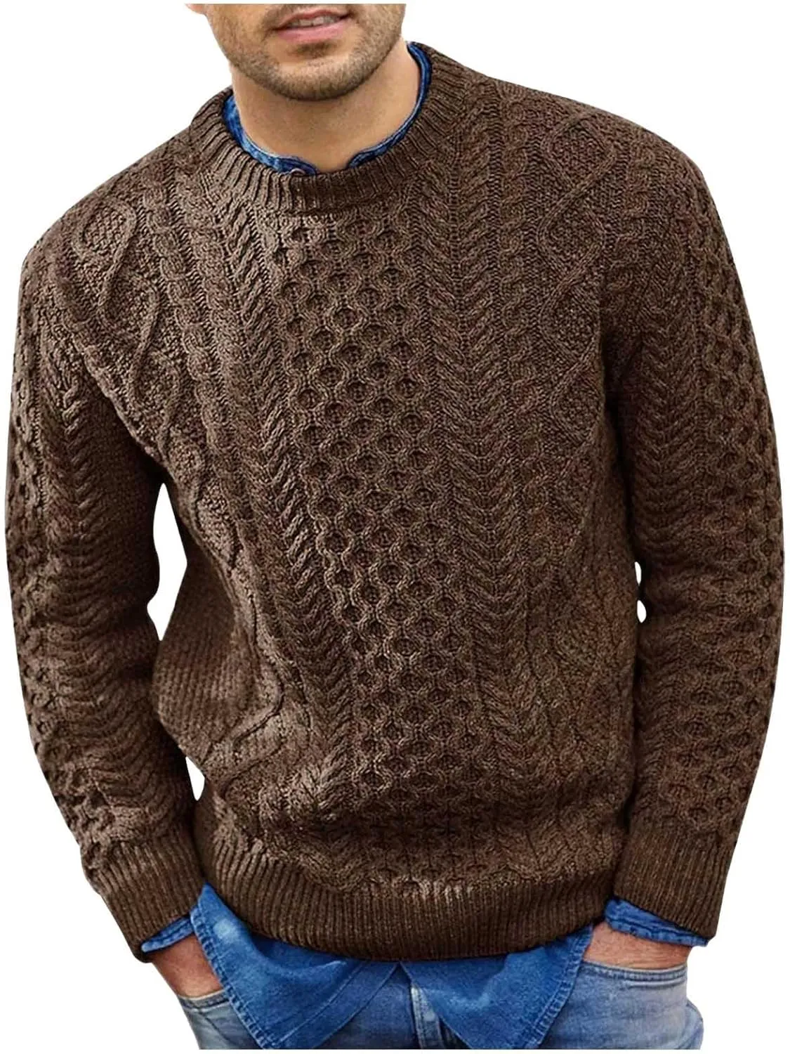 SUWBMHWE Mens Crewneck Pullover Sweater Chunky Cable Knit Sweater Classic Casual Sweaters Textured Sweater Tops