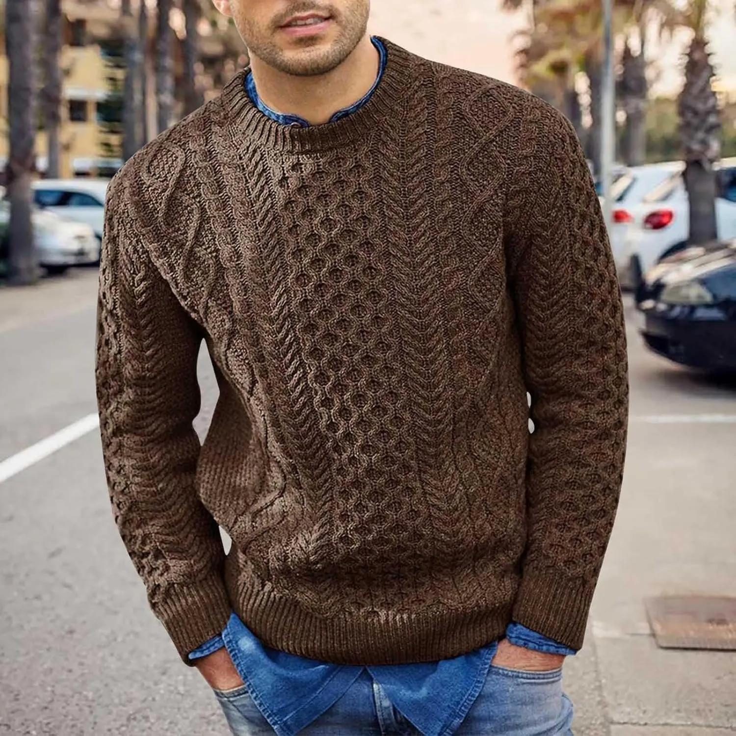 SUWBMHWE Mens Crewneck Pullover Sweater Chunky Cable Knit Sweater Classic Casual Sweaters Textured Sweater Tops