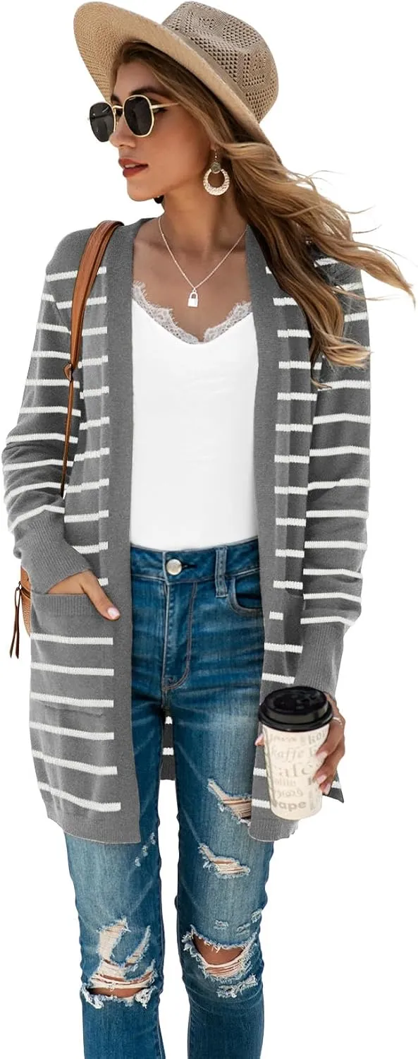 TASAMO Womens Color Block Striped Draped Kimono Cardigan Long Sleeve Open Front Casual Knit Sweaters Coat Soft Outwear