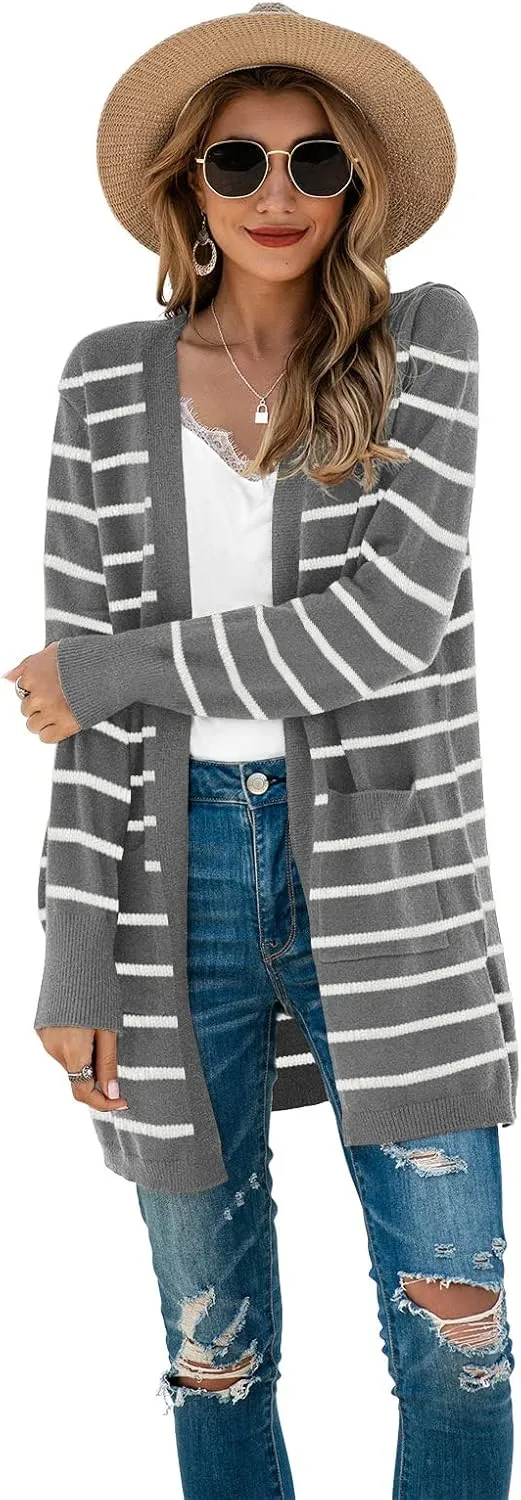 TASAMO Womens Color Block Striped Draped Kimono Cardigan Long Sleeve Open Front Casual Knit Sweaters Coat Soft Outwear