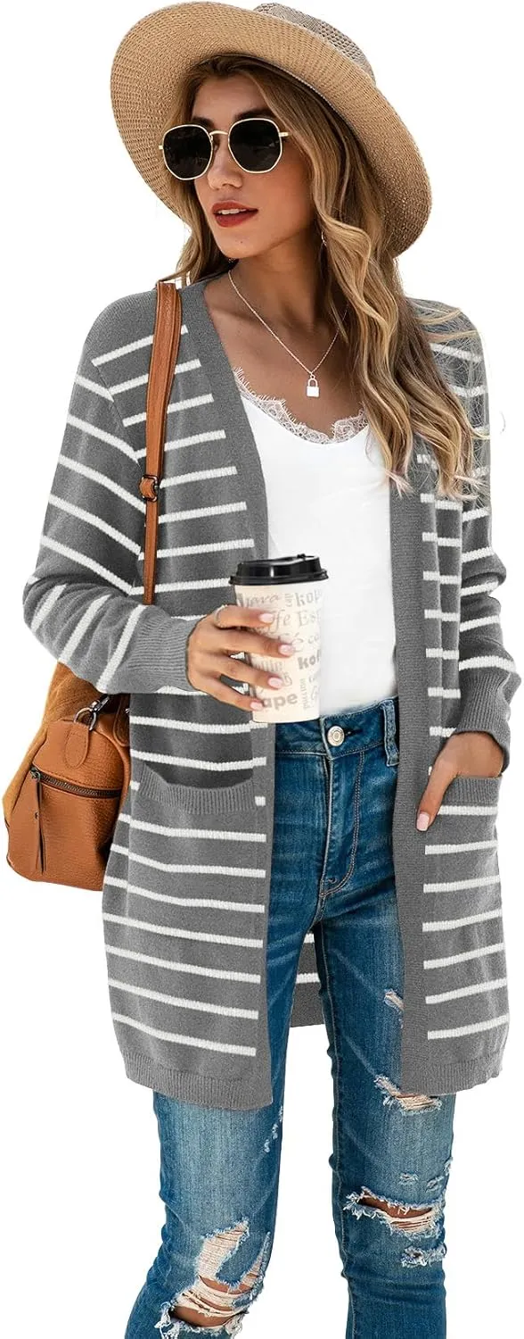 TASAMO Womens Color Block Striped Draped Kimono Cardigan Long Sleeve Open Front Casual Knit Sweaters Coat Soft Outwear