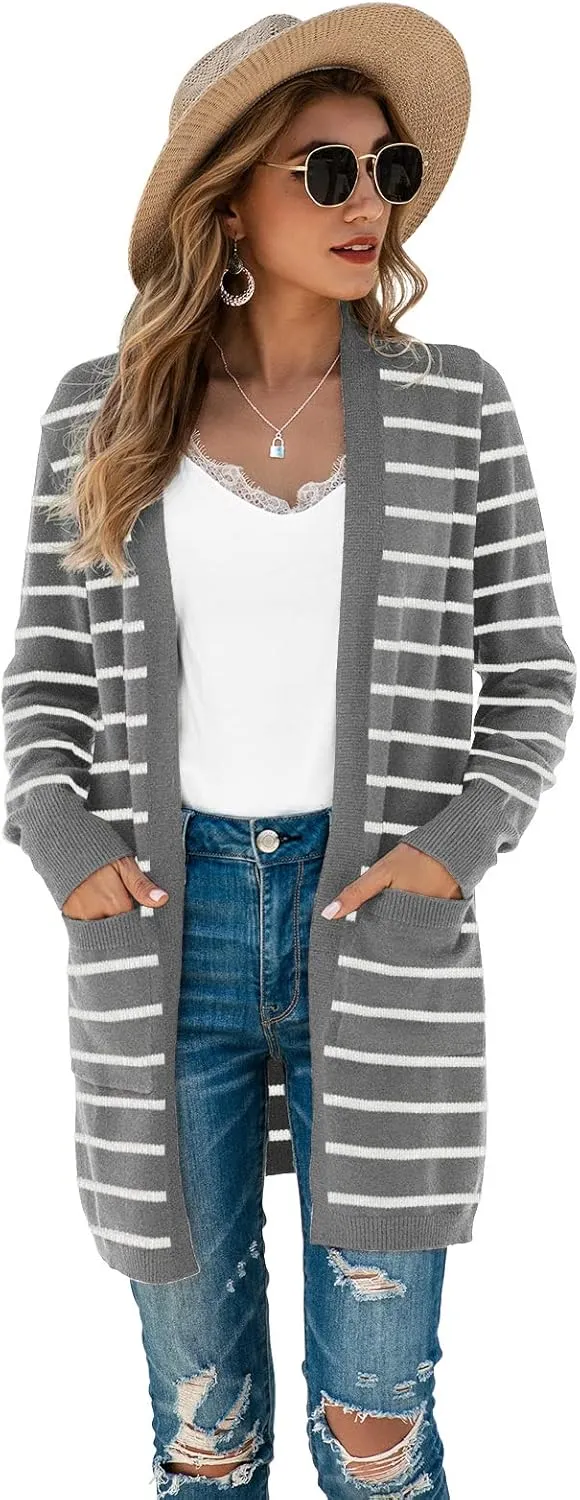 TASAMO Womens Color Block Striped Draped Kimono Cardigan Long Sleeve Open Front Casual Knit Sweaters Coat Soft Outwear