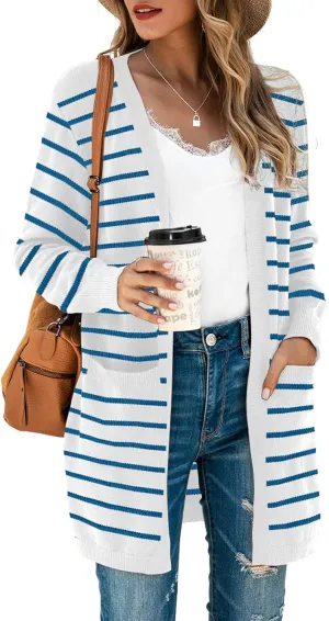 TASAMO Womens Color Block Striped Draped Kimono Cardigan Long Sleeve Open Front Casual Knit Sweaters Coat Soft Outwear