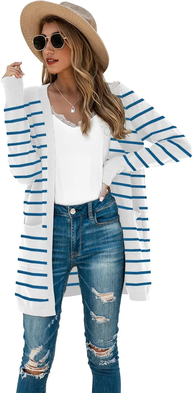 TASAMO Womens Color Block Striped Draped Kimono Cardigan Long Sleeve Open Front Casual Knit Sweaters Coat Soft Outwear