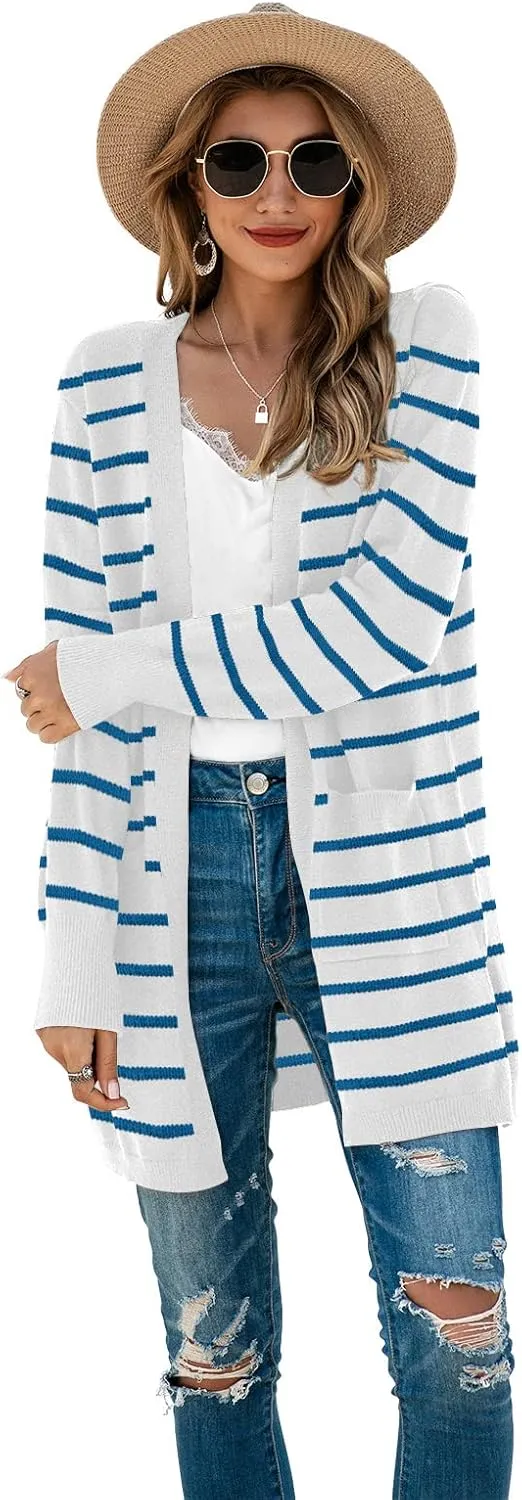 TASAMO Womens Color Block Striped Draped Kimono Cardigan Long Sleeve Open Front Casual Knit Sweaters Coat Soft Outwear