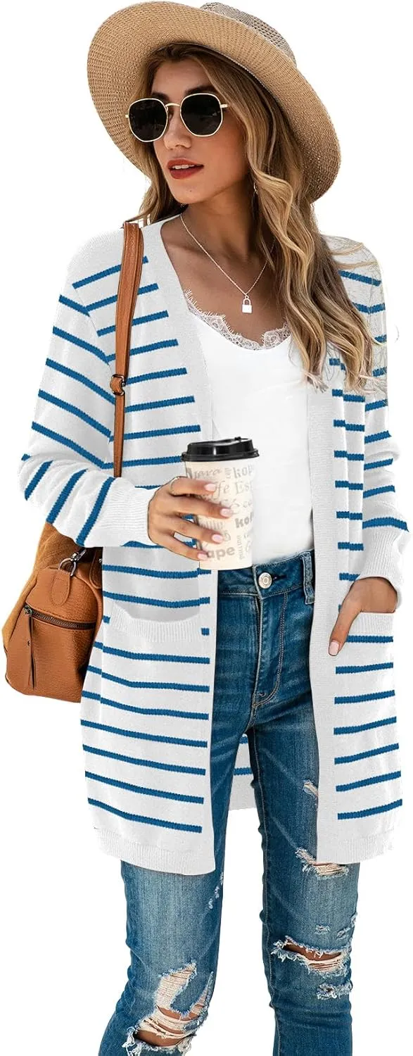 TASAMO Womens Color Block Striped Draped Kimono Cardigan Long Sleeve Open Front Casual Knit Sweaters Coat Soft Outwear