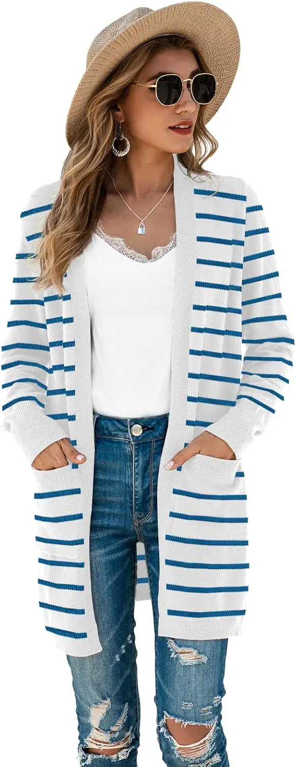 TASAMO Womens Color Block Striped Draped Kimono Cardigan Long Sleeve Open Front Casual Knit Sweaters Coat Soft Outwear