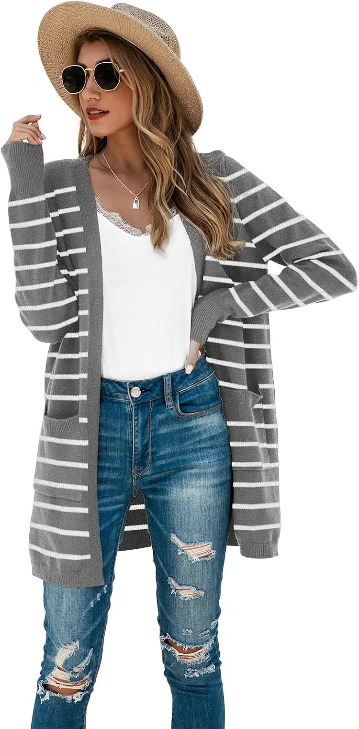 TASAMO Womens Color Block Striped Draped Kimono Cardigan Long Sleeve Open Front Casual Knit Sweaters Coat Soft Outwear