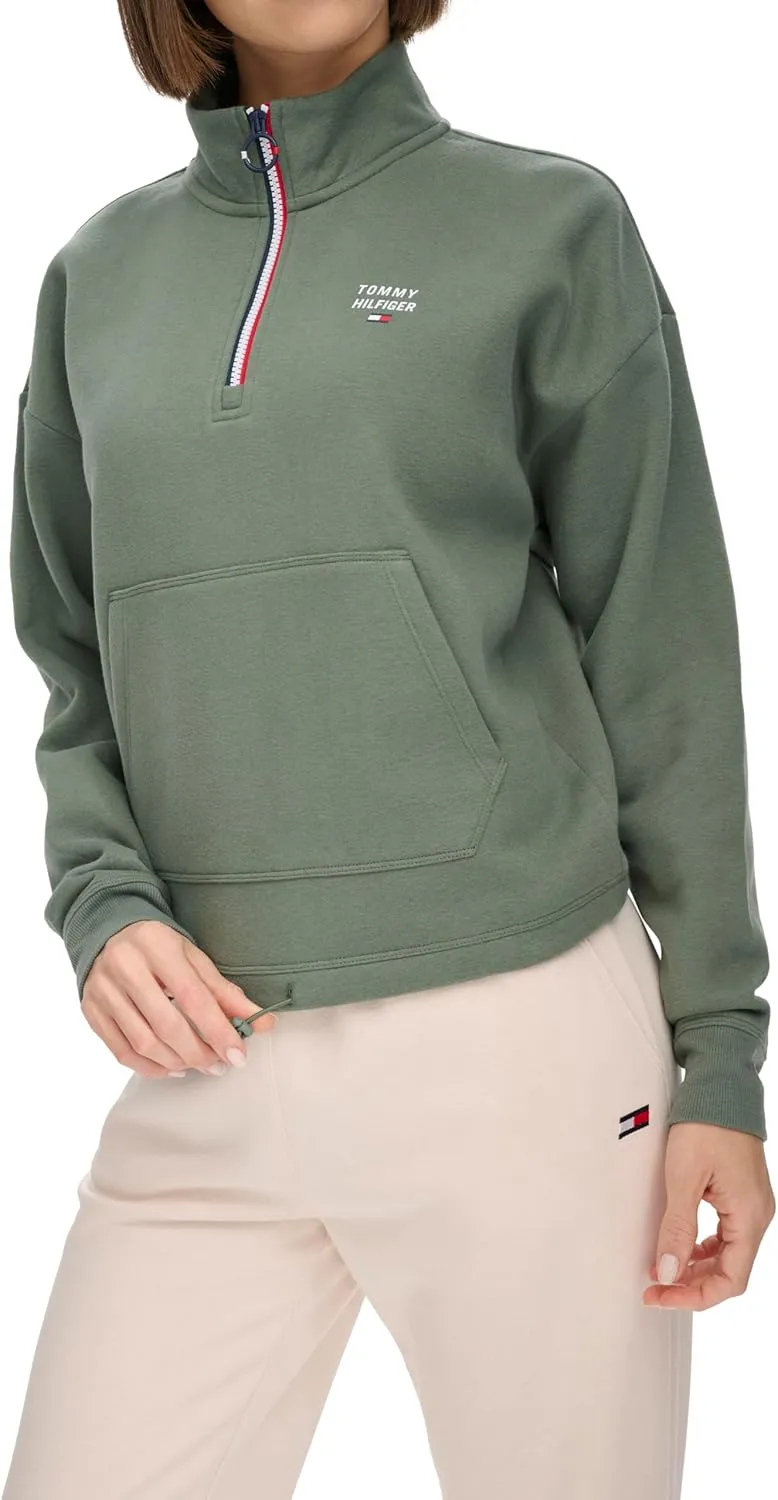 Tommy Hilfiger Women's Pockets Printed Logo Fleece Mock Neck Pullover