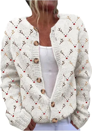 Ugly Christmas Sweater for Women Cute Xmas Open Front Button Down Sweater Cardigans Fall Winter Knitted Outerwear Coat
