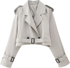 Uillui Crop Trench Coats for Women Lapel Button Belted Cargo Coats Long Sleeve Slim Bomber Jackets Fall Casual Mini Outwear