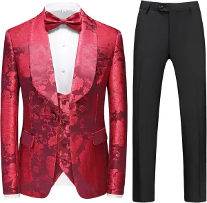 UNINUKOO Mens Suits Slim Fit 3 Piece Jacquard Suit 1 Button Shawl Collar Wedding Formal Tuxedo for Men