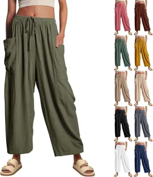 VISALY Women's Plus Size Ice Silk Wrinkles Wide Leg Pants Summer Casual Loose Fit Beach Palazzo Harem Pants Women