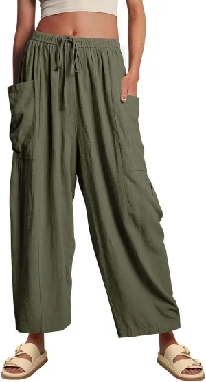 VISALY Women's Plus Size Ice Silk Wrinkles Wide Leg Pants Summer Casual Loose Fit Beach Palazzo Harem Pants Women
