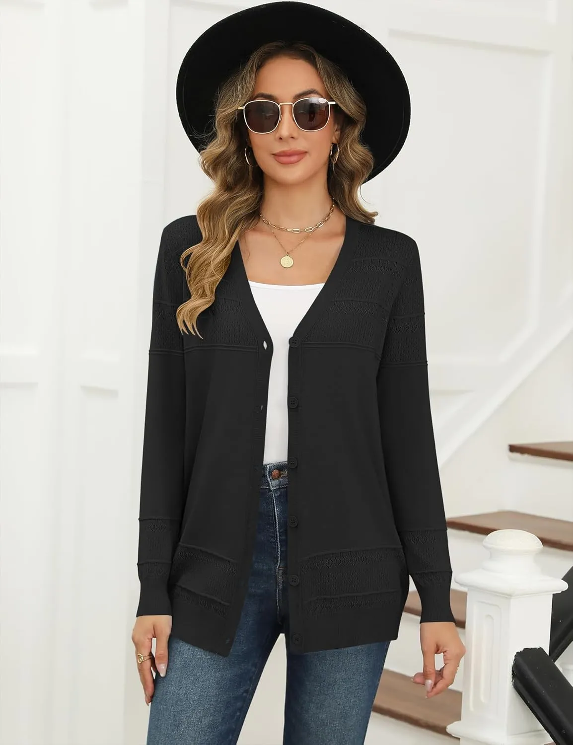 VVK Womens Long Sleeve V-Neck Button Down Cardigan Sweaters Knit Open Front Lightweight 2024 Ladies Fall Outwear