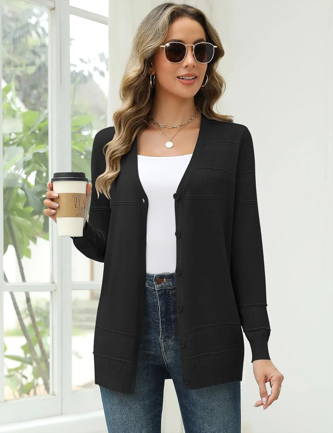 VVK Womens Long Sleeve V-Neck Button Down Cardigan Sweaters Knit Open Front Lightweight 2024 Ladies Fall Outwear