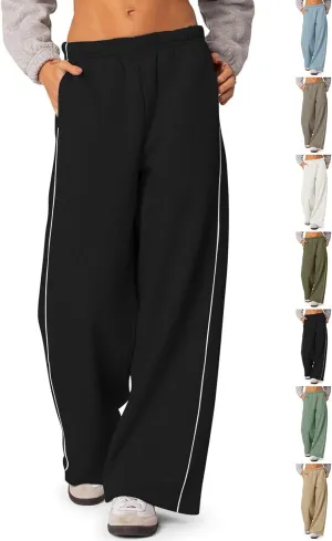 Wide Leg Sweat Pants for Womens Sweatpants with Pockets Comfy Baggy Fleece Joggers Low Rise Workout Lounge Pants