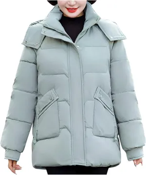 Winter Thermal Down Jackets for Women Heavyweight Thick Puffer Coats with Removable Hood Medium Length Zip Up Outfits