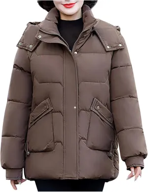 Winter Thermal Down Jackets for Women Heavyweight Thick Puffer Coats with Removable Hood Medium Length Zip Up Outfits
