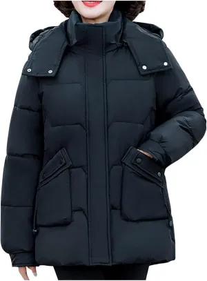 Winter Thermal Down Jackets for Women Heavyweight Thick Puffer Coats with Removable Hood Medium Length Zip Up Outfits