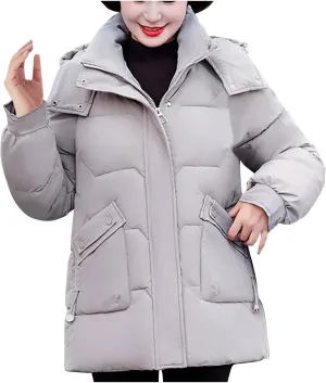 Winter Thermal Down Jackets for Women Heavyweight Thick Puffer Coats with Removable Hood Medium Length Zip Up Outfits