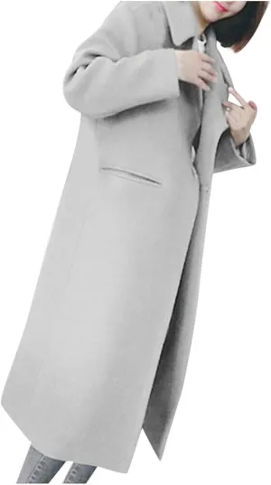 Wkishenl Women Casual Long Sleeve Wool Blend Pea Coat Single-Breasted Lapel Notched Collar Trench Coat Business Long Overcoat