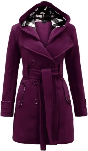 Wkishenl Women's Trench Coat Double Breasted Pea Coat Classic Lapel Mid-Long Overcoat Belted Slim Solid Outerwear with Hood