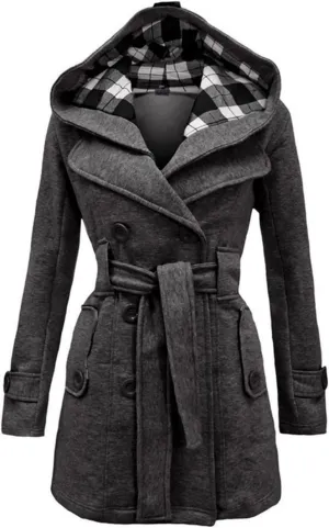 Wkishenl Women's Trench Coat Double Breasted Pea Coat Classic Lapel Mid-Long Overcoat Belted Slim Solid Outerwear with Hood