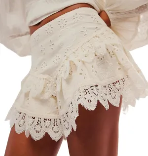 Women Floral Embroidered Mini Shorts Elastic Waist Ruffle Flowy Skirt Shorts Layered Tiered Hollow Crochet Shorts