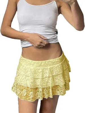 Women Lace Skirts Elastic Low Waist Layered Pleated Mini Skirts Cute Flowy Ruffle Shorts Skirt