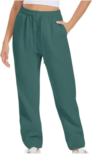 Women Long Pants Drawstring Elastic High Waist Fleece Sweatpants Straight Wide Leg Baggy Trousers with Pockets