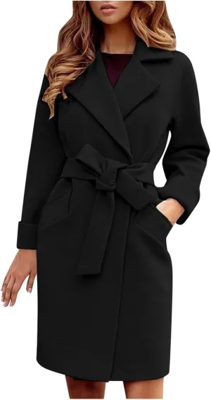 Women Winter Warm Wrap Pea Coat Elegant Lapel Open Front Belted Woolen Trench Coats Casual Mid Long Cardigan Overcoat Outwear