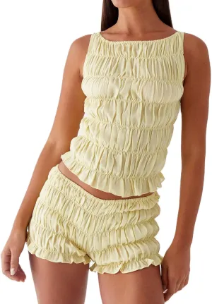 Women Y2K Lace 2 Piece Shorts Set Spaghetti Strap Floral Bow Cami Top Low Waist Slim Fit Shorts Lounge Pajama Sets
