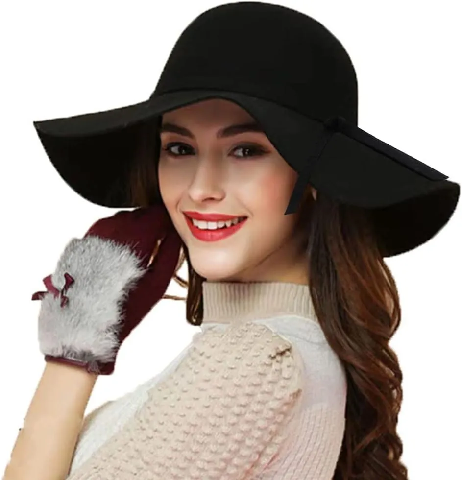 Women's 100% Wool Foldable Wide Brim Retro Fedora Floppy Felt Bowler Hat