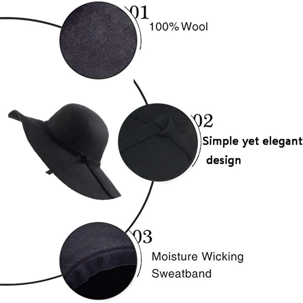 Women's 100% Wool Foldable Wide Brim Retro Fedora Floppy Felt Bowler Hat