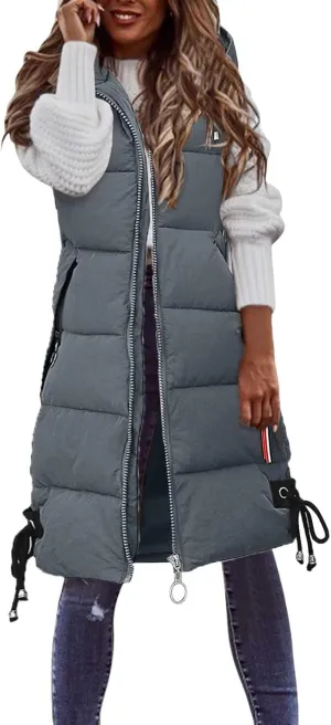 Womens 2024 Classic Temperament Zipper Hooded Puffer Coat Sleeveless Pockets Casual Down Coat Warm Slim Daily Overcoat