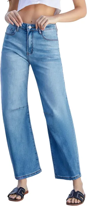 Women’s Barrel Jeans High Waisted Ankle Horseshoe Stretchy Ankle Denim Pants