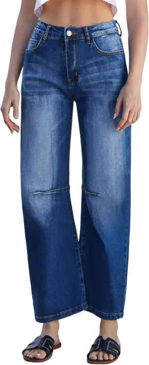 Women’s Barrel Jeans High Waisted Ankle Horseshoe Stretchy Ankle Denim Pants